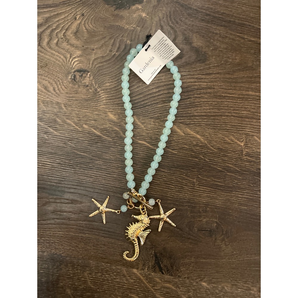 Gardenia Seahorse Starfish Beaded Necklace Light Blue Gold Coastal‎ Nautical NWT
